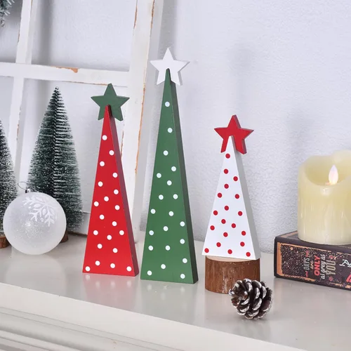 Vista 3 de GHOSTMAGIC 3 piezas de árboles de Navidad de madera, decoración de mesa, letreros rústicos de mesa de árbol de Navidad de doble cara, centros