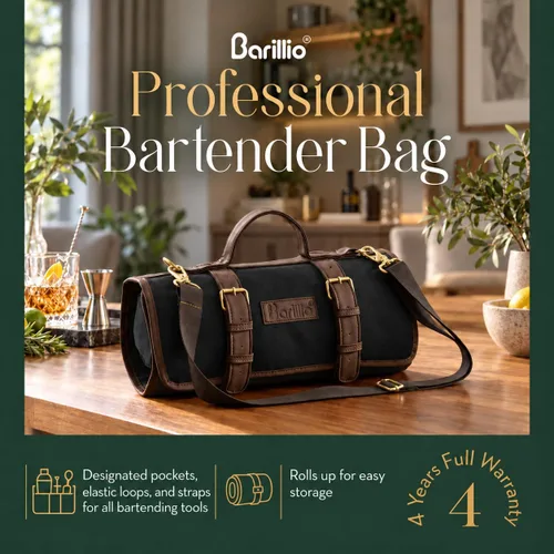 Vista 2 de Barillio Bolsa de barman (sin herramientas) – Elegante lona encerada, bolsa de bar enrollable para transportar herramientas de bar y coctelera