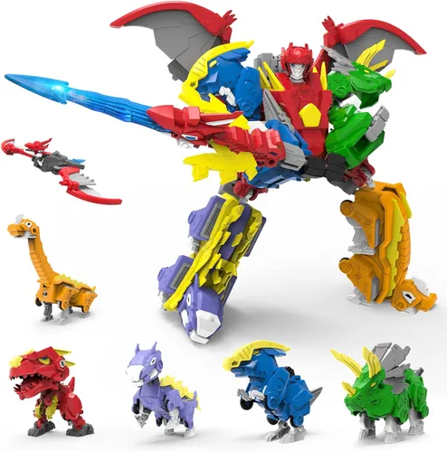 Vista 7 de Juego de juguetes de dinosaurio robot 5 en 1: gran kit de robot transformable para desmontar con 5 figuras de acción de dinosaurio - juguetes