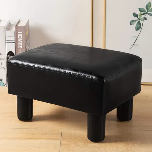 Vista 2 de LUE BONA Taburete rectangular moderno, reposapiés otomano acolchado de piel sintética negra, taburete pequeño para estar, adultos, patio