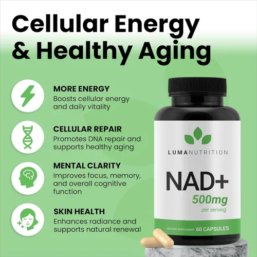 Vista 8 de Luma Nutrition Suplemento NAD+ de 500 mg por porción (250 mg por cápsula) – Envejecimiento más energía, metabolismo y apoyo celular – Suplementos