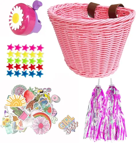Vista 8 de Kit de accesorios de decoración de bicicleta para niñas, cesta de bicicleta tejida a mano, cuentas de radios de rueda de bicicleta para niños, cinta