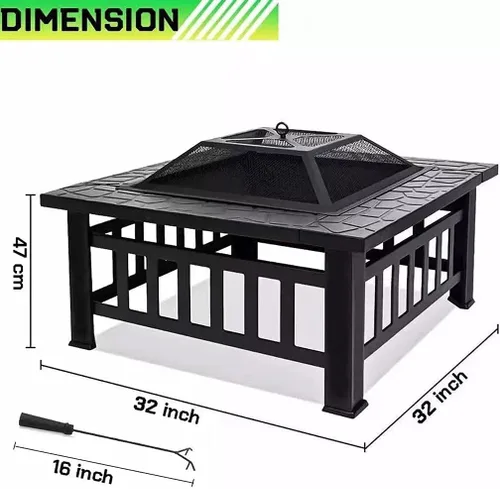 Vista 2 de Mesa para hoguera de 32 pulgadas para exteriores, hoguera de leña con cubierta impermeable, pantalla de chispas y parrilla, parrilla cuadrada