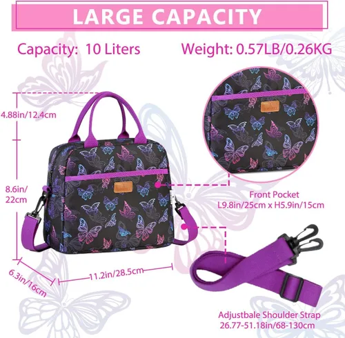 Vista 3 de VX VONXURY - Lonchera para mujeres y niñas, bolsa de almuerzo aislada, bonita bolsa de almuerzo con mariposa morada, contenedor de alimentos