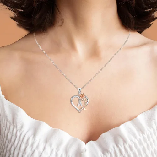 Vista 3 de DFUNH Collar con inicial de corazón rosa para mujer, collar de plata de ley S925 con letra inicial para esposa, collar con dije de letra de corazón