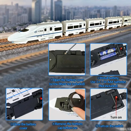 Vista 3 de OTONOPI Juego de tren de juguete, paquete de 5 tren eléctrico bala con luz y sonido, motor de locomotora de metro a pilas con gancho, juguete