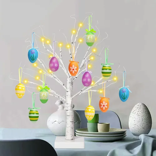 Vista 7 de Árbol de abedul iluminado de Pascua de 24 pulgadas con 12 adornos, LED blanco cálido, árbol artificial de mesa, 8 modos de iluminación USB