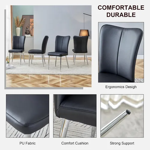 Vista 4 de Set of 4 Modern Minimalist Dining Chairs -Black PU Leather Sofa-Style Seating, Curved Backrest+ Seat Cushions,Silver Electroplated Metal