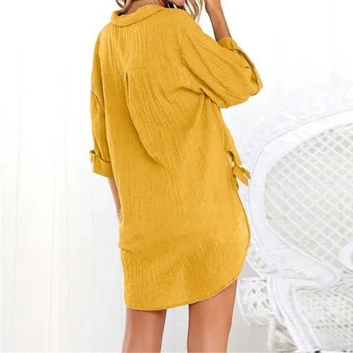 Vista 3 de Blusas sueltas para mujer, de principios de otoño, de algodón, lino, con botones, manga enrollable, casual, para el trabajo, lisas, camisas