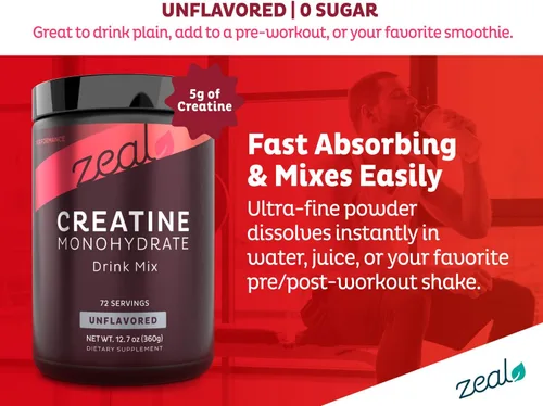 Vista 7 de Zeal - Monohidrato de creatina micronizada en polvo Creatina pura sin sabor 0.18 oz por porción, 72 porciones Apoya el crecimiento muscular