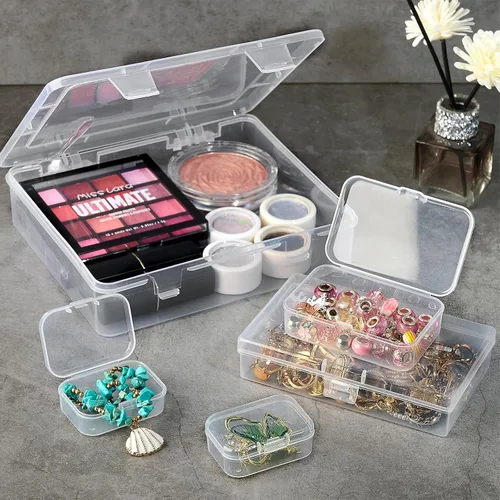 Vista 4 de Paquete de 7 mini recipientes de plástico rectangulares de varios tamaños, cajas de almacenamiento de plástico transparente con tapas con bisagras