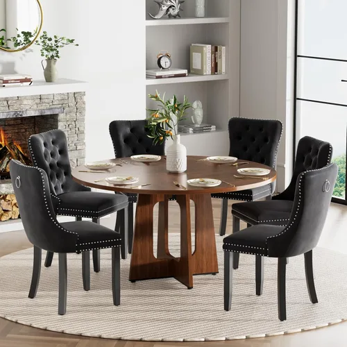 Vista 37 de Mesa de comedor redonda estilo granja para 6, mesa de cocina circular de 47" MDF con acabado de grano de madera, mesa de cocina y comedor de madera