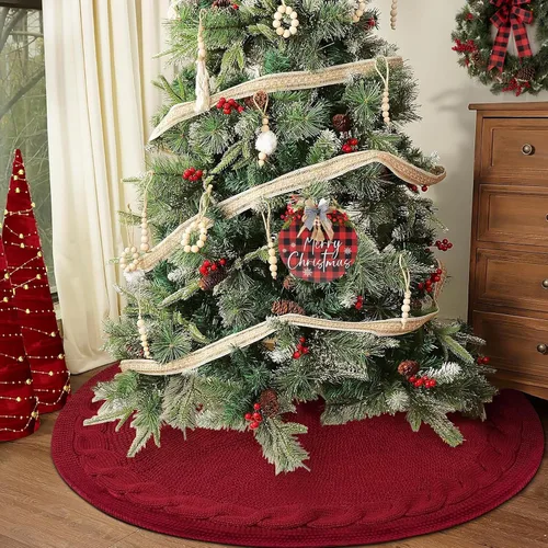Vista 7 de yuboo - Falda de árbol de Navidad de 48 pulgadas, rojo burdeos, falda de árbol de Acción de Gracias y Navidad de punto, falda rústica para árbol