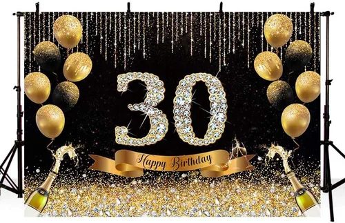 Vista 6 de AIBIIN Telón de fondo de 30 cumpleaños negro y dorado de 7 x 5 pies con texto en inglés "Cheers to 30" Anniversary Photography Background Women Gold