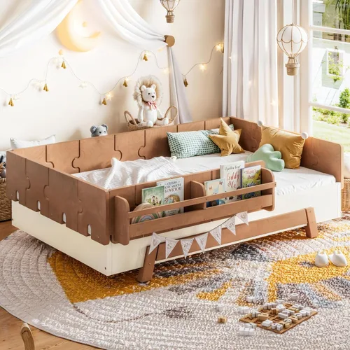 Vista 12 de Cama Montessori de tamaño matrimonial con estantería y valla, natural