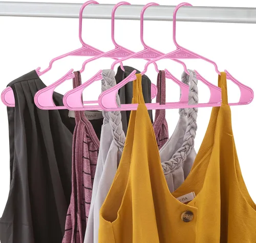 Vista 8 de ROYALE Paquete de 20 perchas de plástico rosa para ropa, colgador de ropa resistente ideal para uso diario estándar, perchas de plástico con muescas