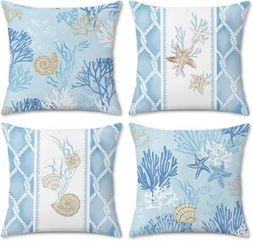 Vista 11 de Bonhause - Juego de 4 fundas de almohada decorativas de playa oceánica, almohadas costeras al aire libre de caballito de mar, tortuga, estrella