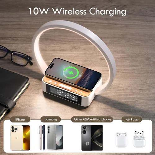 Vista 5 de WILIT Lámpara de mesita de noche con reloj despertador, lámpara táctil con cargador inalámbrico, luz nocturna para dormitorio, luz de despertar