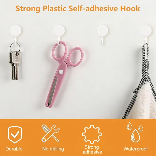 Vista 3 de MOROBOR Ganchos autoadhesivos, 20 ganchos de plástico resistentes para llaves de pared, soportes para calcetines para el hogar, cocina, baño, Blanco