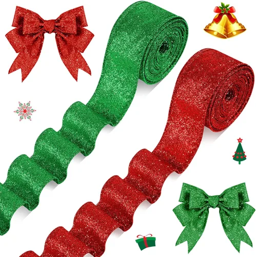 Vista 12 de 2 Rollos 20 Yardas Cinta de Navidad con Alambre Cinta Gruesa con Purpurina Cinta Metálica con Alambre para Envolver Regalos Cinta de Árbol