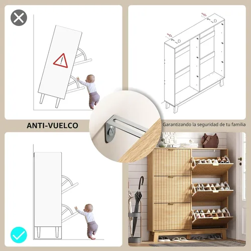 Vista 6 de HUANLEGO Zapatero de almacenamiento para entrada con 6 cajones abatibles, organizador de zapatos estrecho acanalado con patas de madera, zapatero