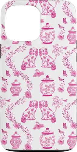 Vista 24 de Preppy - Carcasa para iPhone 16, diseño de perros y tarros de jengibre, color rosa y blanco