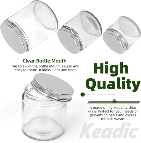 Vista 3 de Keadic Juego de 15 tarros de vidrio de 2.0 fl oz/2 onzas con tapas, mini tarros redondos herméticos para muestras de conservas con tapas plateadas