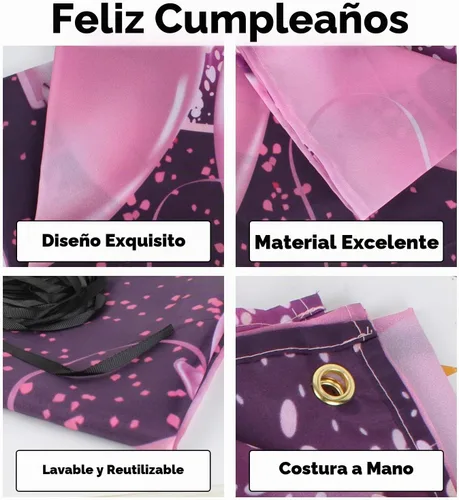 Vista 3 de pancarta grande rosa con texto en inglés “Happy Birthday