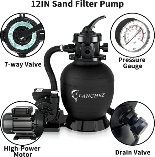 Vista 4 de LANCHEZ Bomba de filtro de arena para piscina sobre el suelo, bombas de piscina sobre el suelo, filtro de arena de piscina con válvula de 7 vías, 12