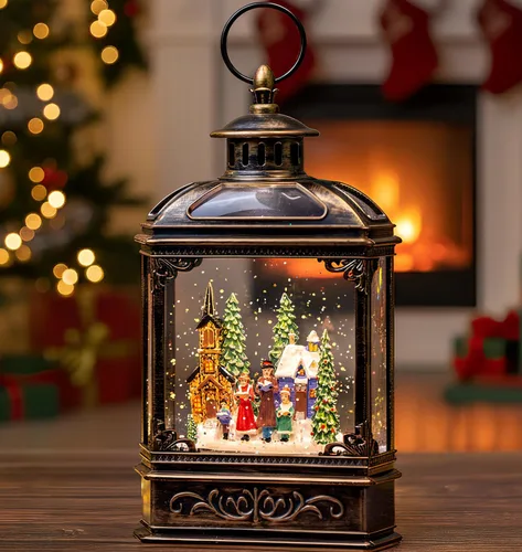 Vista 30 de Gnomos de Navidad de 10 pulgadas, linterna de globo de nieve iluminada, caprichoso árbol de Navidad y elfo escandinavo, linterna de agua musical