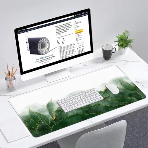 Vista 6 de Alfombrilla de mouse para juegos con textura de mármol, alfombrilla de escritorio con hojas de esmeralda, alfombrilla de mouse extendida XXL