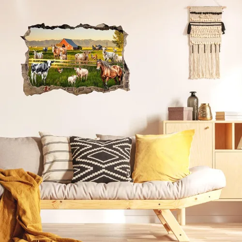 Vista 2 de Calcomanías de pared de animales de granja, mural de granja 3D, calcomanías de granja para despegar y pegar, calcomanías creativas falsas