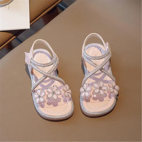 Vista 2 de Sandalias de verano para niñas grandes con diseño de flores de cristal, zapatos de princesa para uso diario con vestido de princesa, zapatos