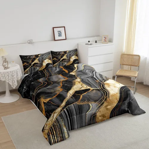 Vista 2 de Juego de edredón de mármol negro individual, ropa de cama dorada agrietada para adultos, hombres y mujeres, juegos de edredón de textura metálica