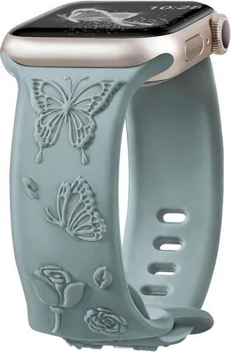 Vista 7 de Melyis Correa deportiva de silicona suave grabada con diseño floral y mariposa compatible con Apple Watch de 1.575 pulgadas, 1.614 pulgadas, 1.496