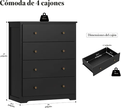 Vista 3 de HOUSUIT - Cómoda negra con 4 cajones, cómoda de 29 pulgadas de ancho, cómoda de madera