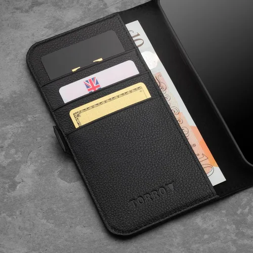 Vista 5 de TORRO Funda de cuero compatible con iPhone 12 / iPhone 12 Pro - Funda de piel auténtica tipo cartera con tarjetero y función de soporte (negro)