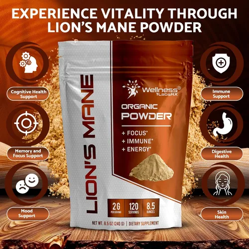 Vista 3 de WELLNESS LABSRX Polvo de melena de león, suplemento de hongos – 2000 mg – Suplemento de melena de león – Complementos cerebrales en polvo de hongo