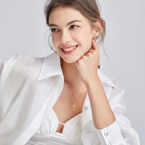 Vista 2 de FANCIME Yellow Gold Plated 925 Sterling Silver Beveled Cross Pendant Necklace Dainty Fine Delicate Jewelry Gifts for Women Girls 18 INCHES
