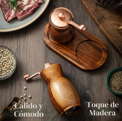 Vista 6 de Molinillo de pimienta, molinillo de sal y pimienta con soporte, salero y pimentero de madera, molinillo de especias manual recargable