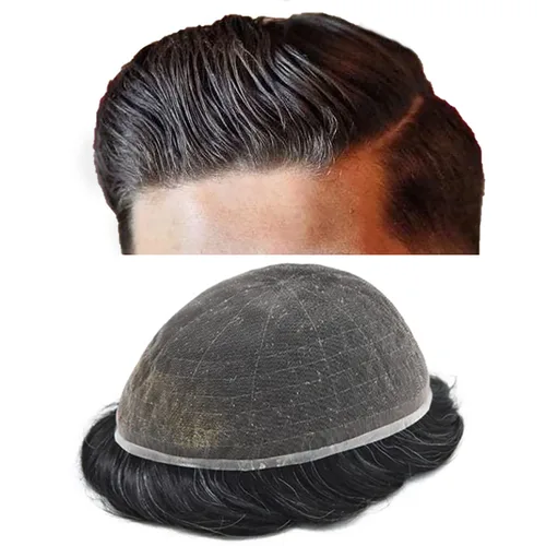 Vista 37 de Completo suizo encaje tupé para hombres pieza de pelo real sistema de reemplazo de cabello humano para hombres Toupee Hairpieces para hombres 7x9