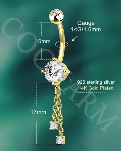 Vista 3 de COCHARM Anillos de ombligo chapados en oro de 14 quilates colgantes de plata de ley 925 para ombligo, joyería hipoalergénica