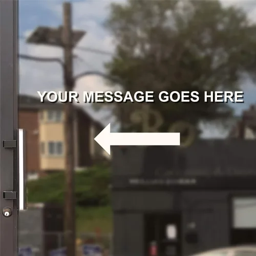 Vista 4 de Calcomanía simple personalizada para ventana de horario comercial, líneas de texto con una calcomanía en forma de flecha, letras personalizadas