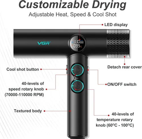 Vista 3 de VGR Secador de pelo iónico negativo 401, secador profesional de motor BLDC para secado rápido, pantalla LED, termo de bajo ruido y secador de pelo