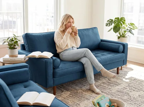 Vista 73 de Container Furniture - Sofá de piel sintética para la sala de estar moderna con cojines extraíbles y patas de madera maciza, sofá estilo lujoso