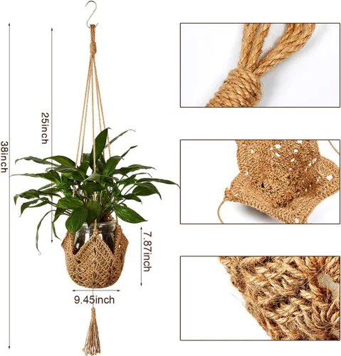 Vista 2 de Colgadores de macramé para plantas de yute, ganchillo, para interiores, con 2 ganchos, cesta para colgar macetas, soporte para macetas