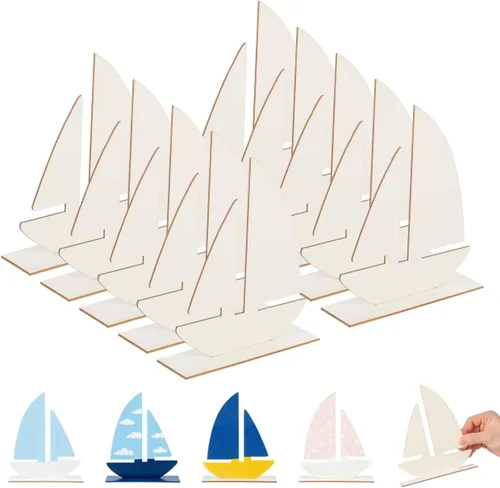 Vista 8 de Juguetes de playa para niños, 10 piezas de madera sin terminar, decoración de barco de madera para pintar para artes, manualidades, proyectos