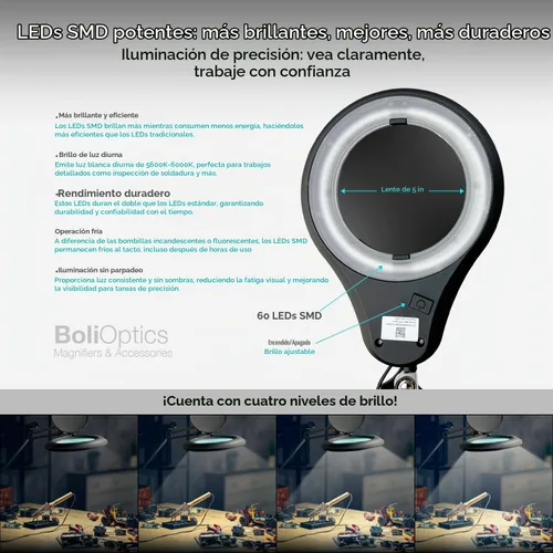 Vista 5 de ESD Safe (lente de cristal) lámpara de aumento LED profesional con abrazadera (5 dioptrías, 2.25X), luz de trabajo, 4 niveles de brillo, brillo