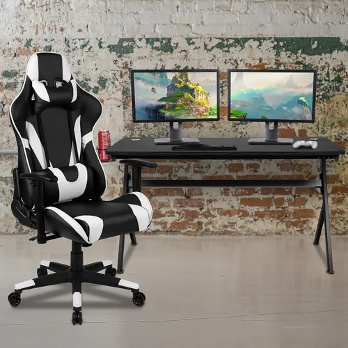 Vista 43 de Flash Furniture Juego de escritorio para juegos negro y silla de carreras blanco/negro con soporte para tazas, gancho para auriculares y soporte