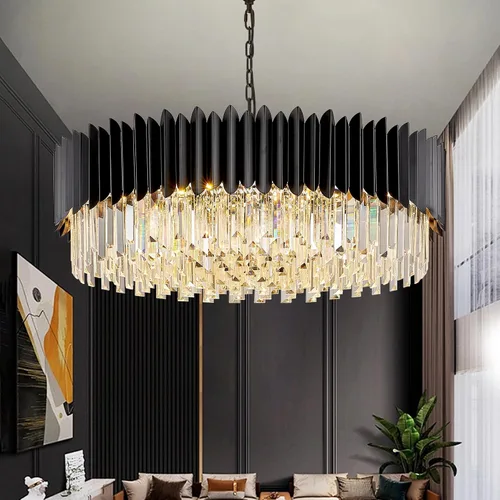 Vista 12 de Candelabro de cristal negro de 20 pulgadas, K9, luces colgantes redondas, ajustables, de 4 niveles, gran lámpara de cristal moderna, 6 luces